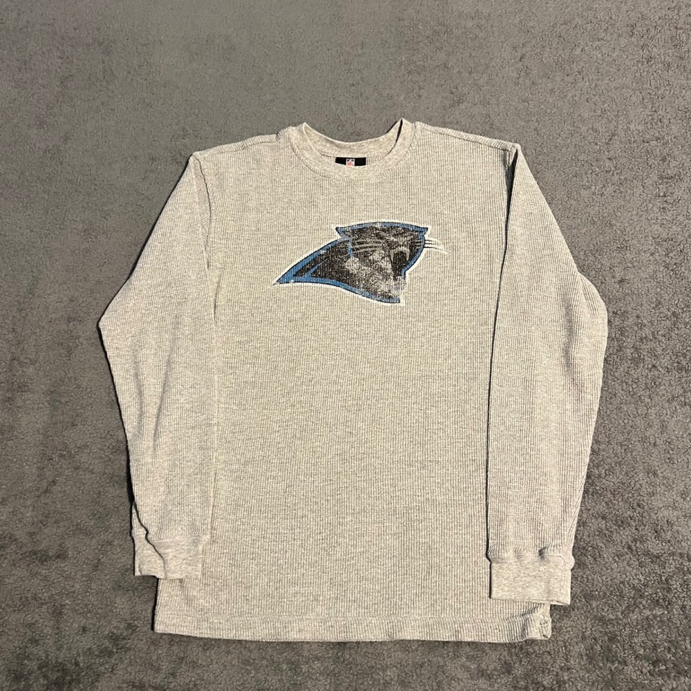 Y2K Reebok NFL Carolina Panthers Boys Gray Waffle Knit Thermal Shirt Large 14/16